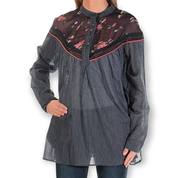 Free People Tops - Free People western style floral see through pin stripe shirt size small